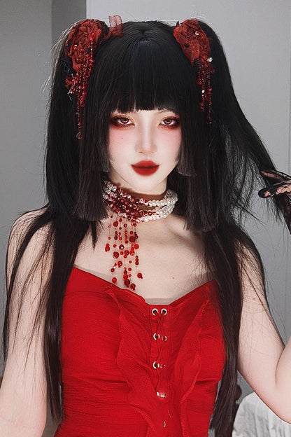 Black Layered Hime-Cut Vintage Elegant Princess Lolita Twin-Tail Wig