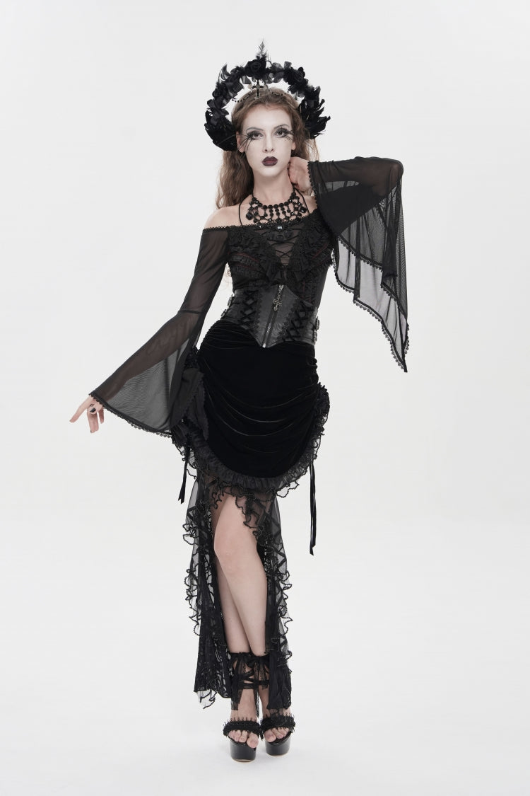 Black Embroidered Rose Lace-up Irregular Women's Gothic Hem Skirt