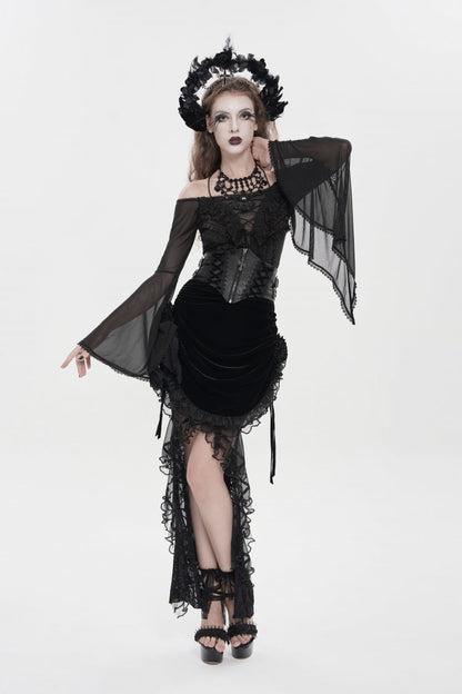 Black Embroidered Rose Lace-up Irregular Women's Gothic Hem Skirt