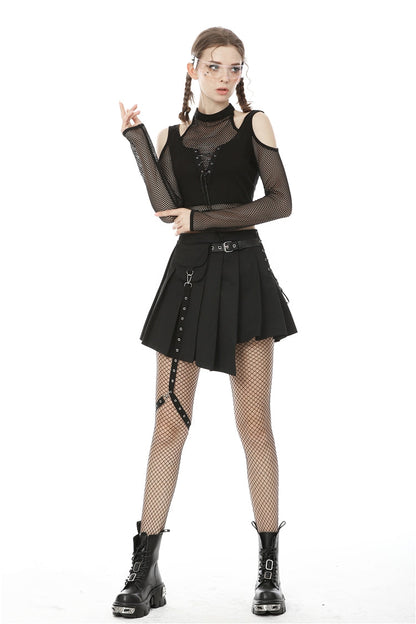 Black Off Shoulder Long Sleeves Lace-Up Chest Straps Sheer Mesh Women's Punk Top