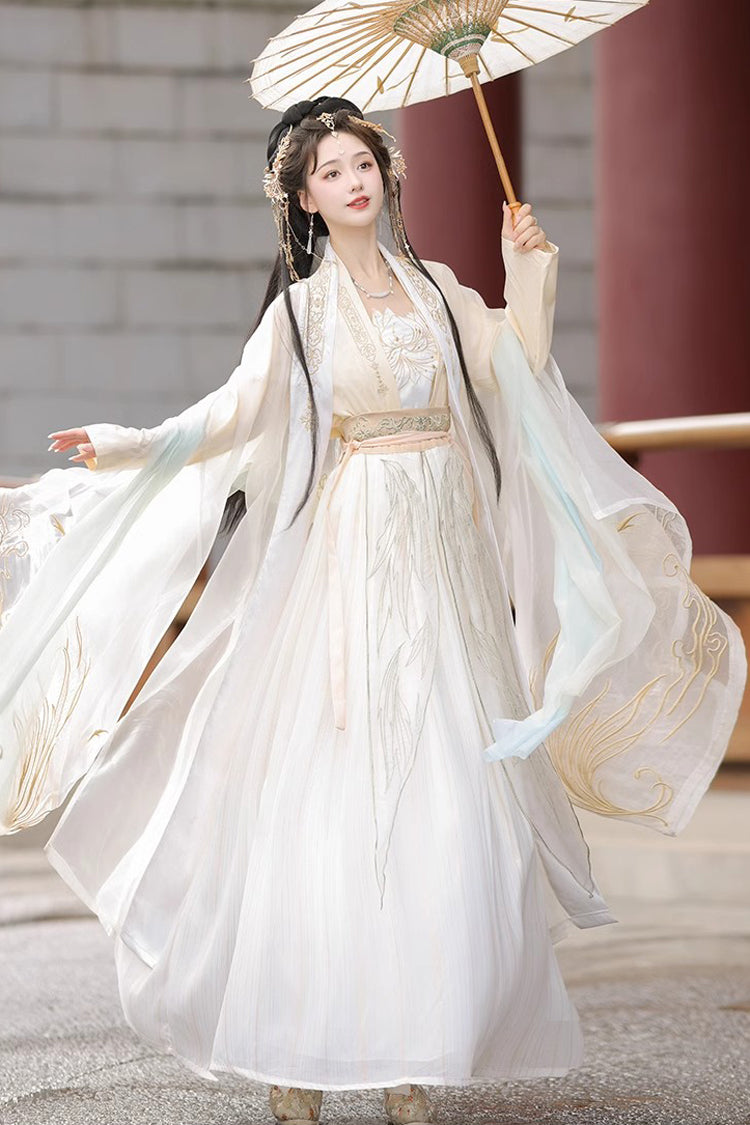 Beige Long Sleeves High Waisted Jacquard Print Embroidery Women's Sweet Hanfu Dress Full Set