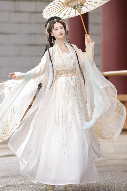 Beige Long Sleeves High Waisted Jacquard Print Embroidery Women's Sweet Hanfu Dress Full Set