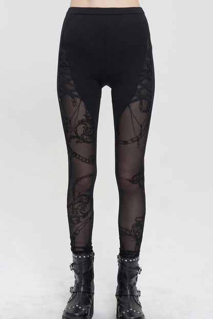 Black Detachable Knitted Fabric Splicing Printing Mesh Women's Punk Leggings