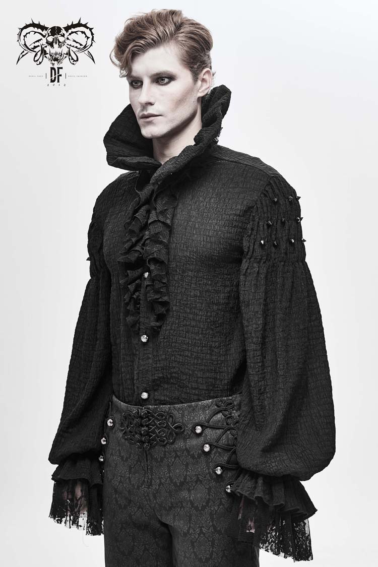Black High Collar Chiffon Chest Frilly Beading Long Sleeve Lace Cuff Men's Gothic Shirt