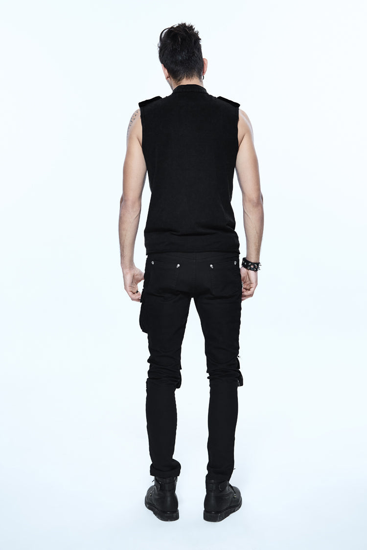 Black Military Uniform Style Chest Chinese Frog Button Sleeveless Men's Punk T-Shirt