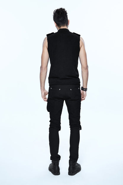 Black Military Uniform Style Chest Chinese Frog Button Sleeveless Men's Punk T-Shirt