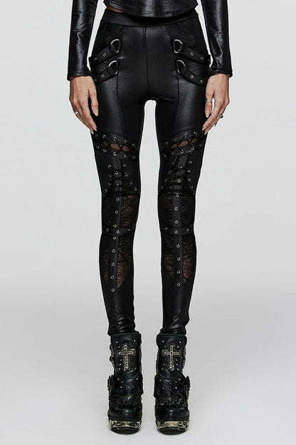Black Hollow Metal Eyelet Strap Lace-Up Women's Steampunk Leggings
