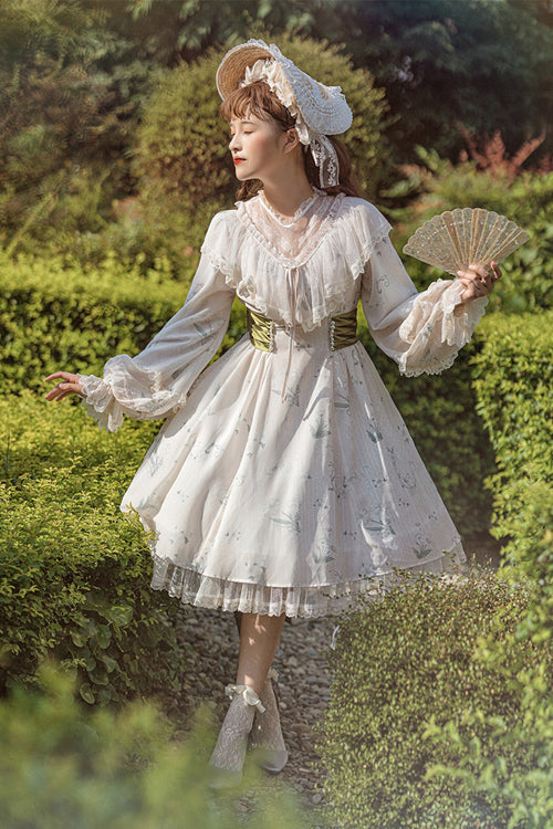 Beige Lace Round Collar Ruffled Lantern Sleeves Fresh Floral Print Sweet Lolita OP Dress