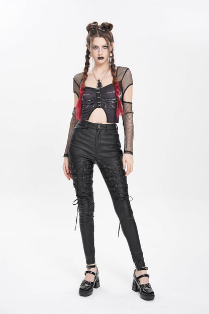 Black Lace-Up Eyelet Straps Women's Punk Pants