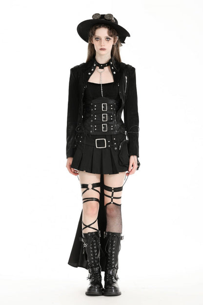 Black Long Sleeves Spliced Lace-Up Women's Gothic High Low Faux Leather Long Tail Jacket