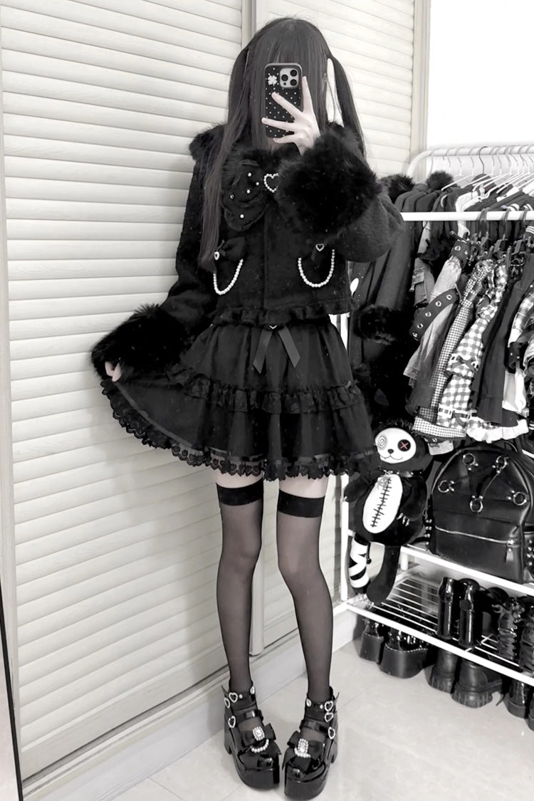 Black Long Sleeves Bow Sheep Wool Gothic Jirai Kei Japanese Short Coat
