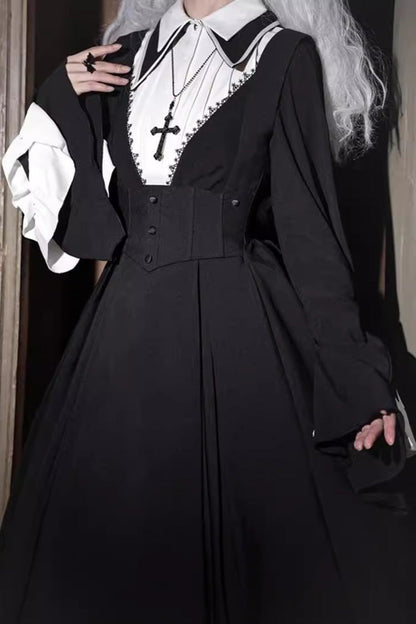 Black Cross Salute Nun Long Sleeves Ruffle Plus Size Gothic Lolita Strap Dress Set