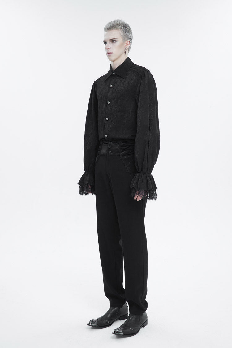Black Lapel Collar Puff Sleeved Lace Hem Men's Gothic Shirt