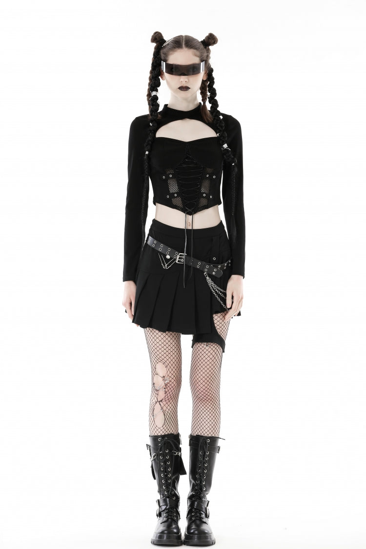 Black Long Sleeves Cut-Out Spliced Mesh Zippered Strappy Eyelet Women's Punk Crop Top