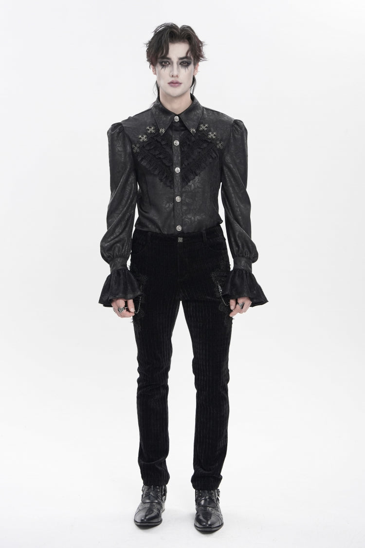 Black Cross Spider Turn-down Collar Long Trumpet Sleeves Printed Lace Men's Gothic Shirt