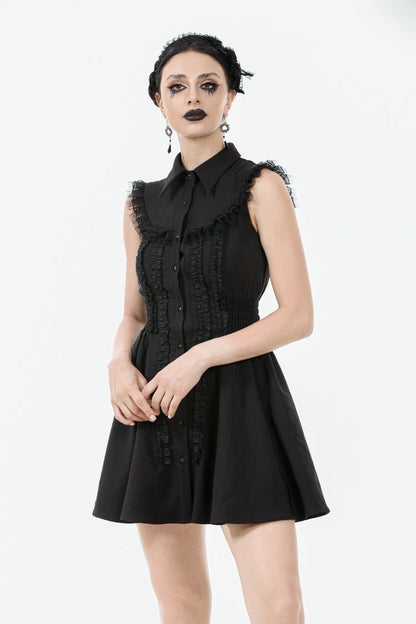 Black Lapel Collar Sleeveless Lace Women's Gothic Button-Front Dress Graduation Dress