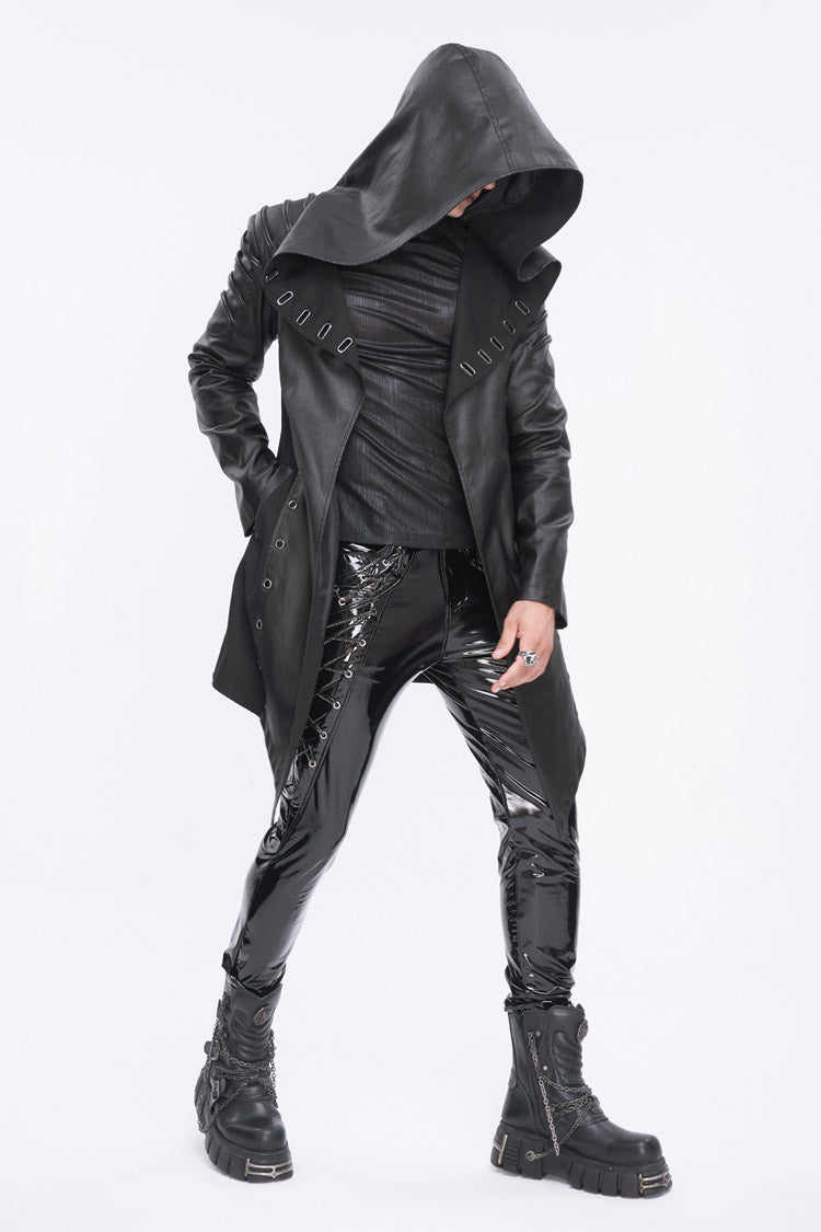 Black Irregular Eyelet Men's Gothic Jacket With Hood