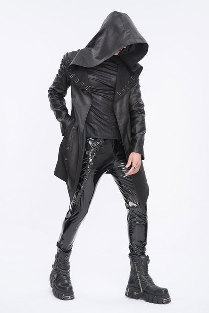 Black Irregular Eyelet Men's Gothic Jacket With Hood
