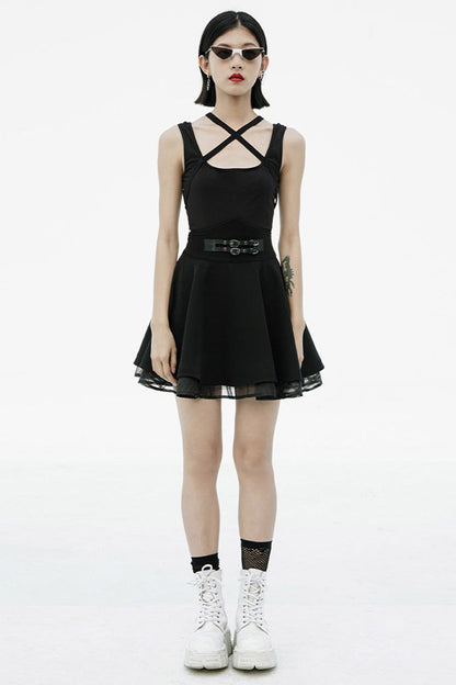 Black Front Metal Buckle Loops High Waist Splice Mesh Women's Punk Skirt