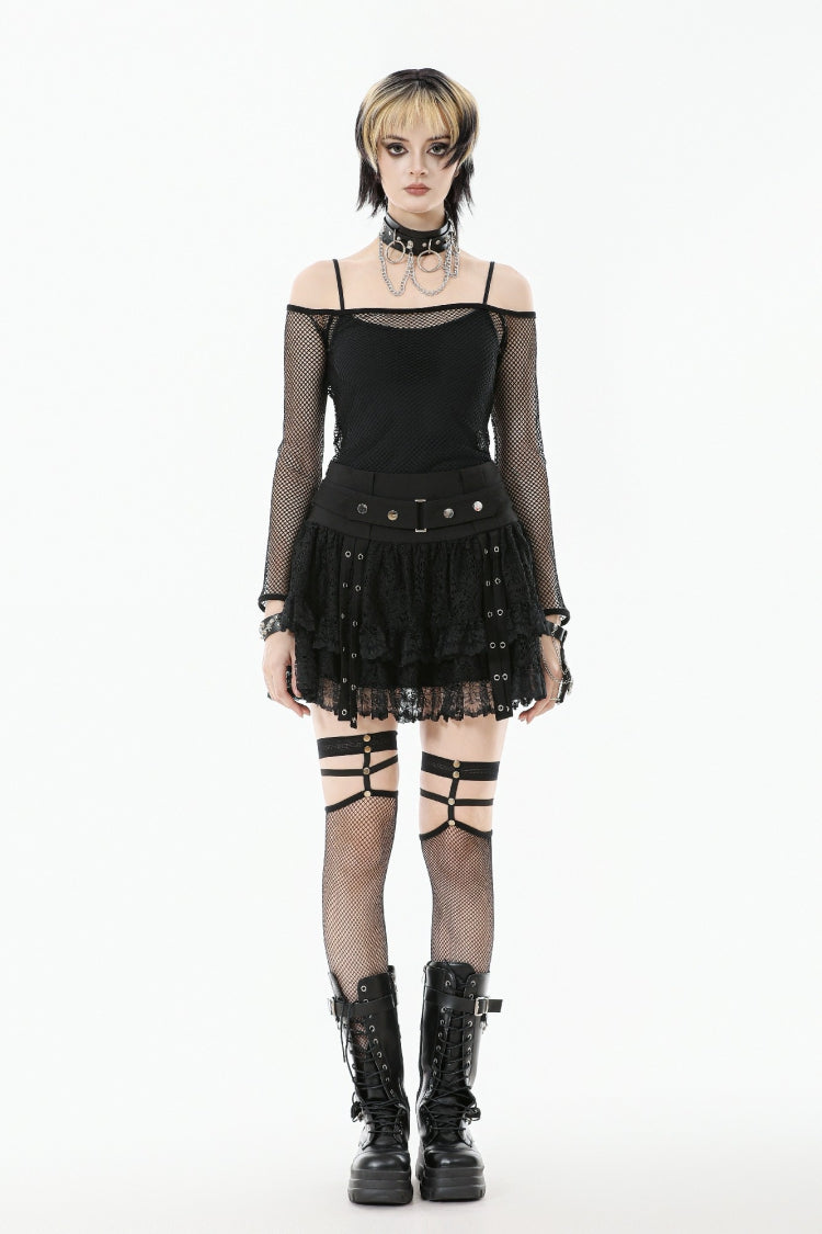 Black Off Shoulder Long Sleeves Mesh Women's Gothic Versatile Top