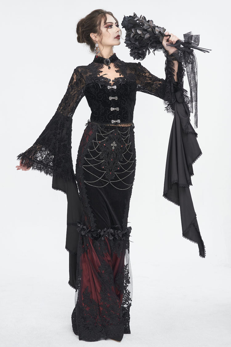 Black Long Trumpet Sleeves Stitching Lace Women's Gothic Blouse
