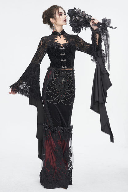 Black Long Trumpet Sleeves Stitching Lace Women's Gothic Blouse