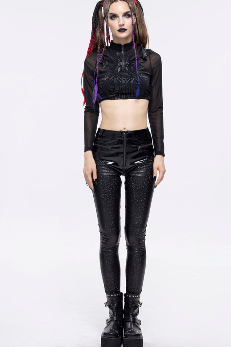 Black Gothic Hexagon Pattern Irregular Star Reflection Shiny Elasticity Leather Women's Leggings