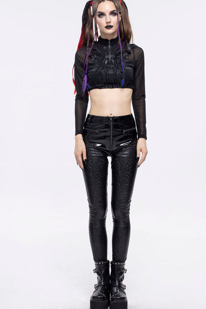 Black Gothic Hexagon Pattern Irregular Star Reflection Shiny Elasticity Leather Women's Leggings