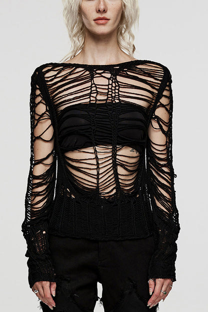 Black Long Sleeves Hollow Sheer Ripped Women's Steampunk Knitted Sweater