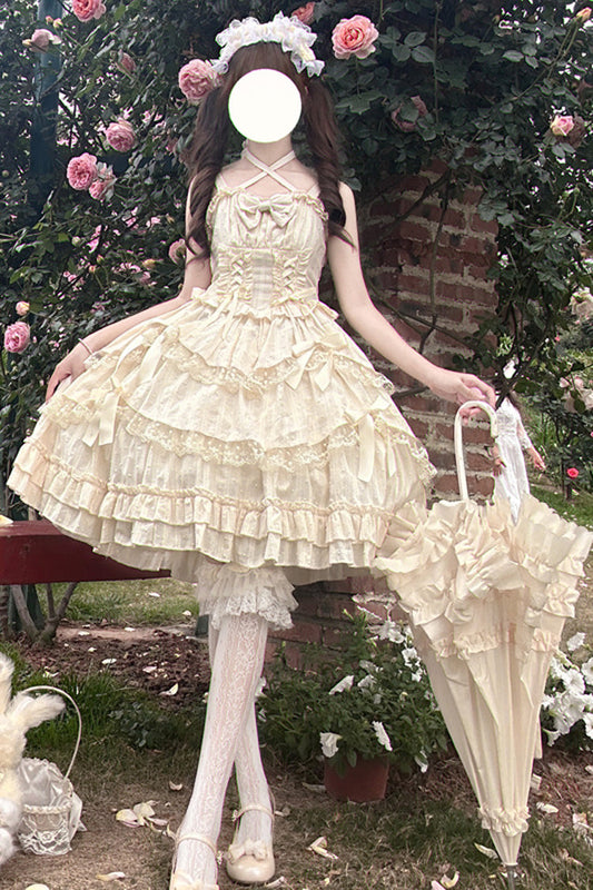 Apricot [Miss Pearl] Sleeveless Double-Layered Bowknot Lace Lace-Up Sweet Lolita Jsk Dress