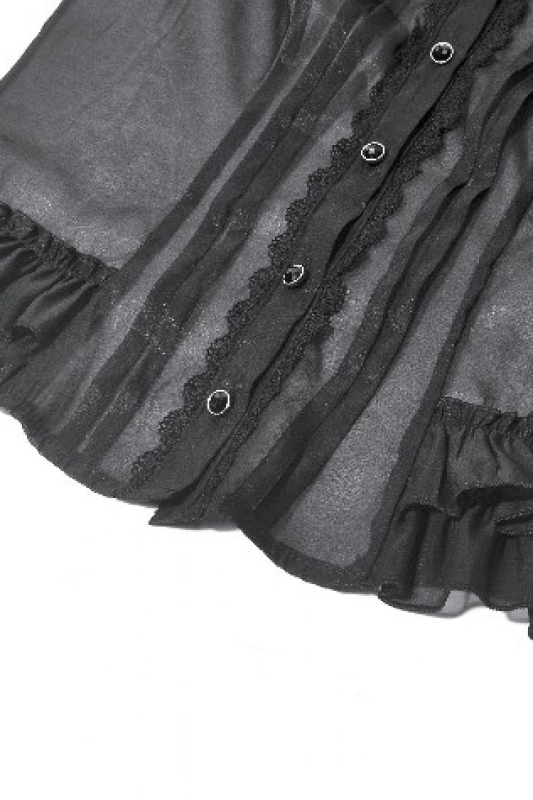 Black Deep V Collar Short Puff Sleeves Multi-Layered Ruffled Lace Sheer Women's Gothic Blouse