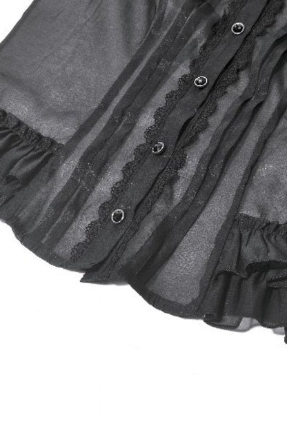 Black Deep V Collar Short Puff Sleeves Multi-Layered Ruffled Lace Sheer Women's Gothic Blouse