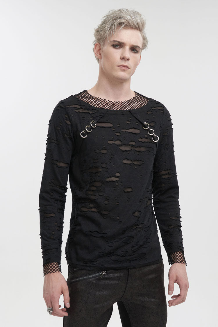 Black Diamond Mesh Irregular Hole Long-Sleeved Men's Punk T-Shirt