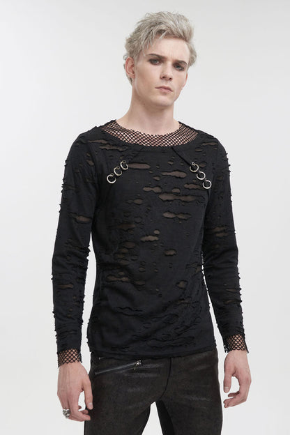 Black Diamond Mesh Irregular Hole Long-Sleeved Men's Punk T-Shirt