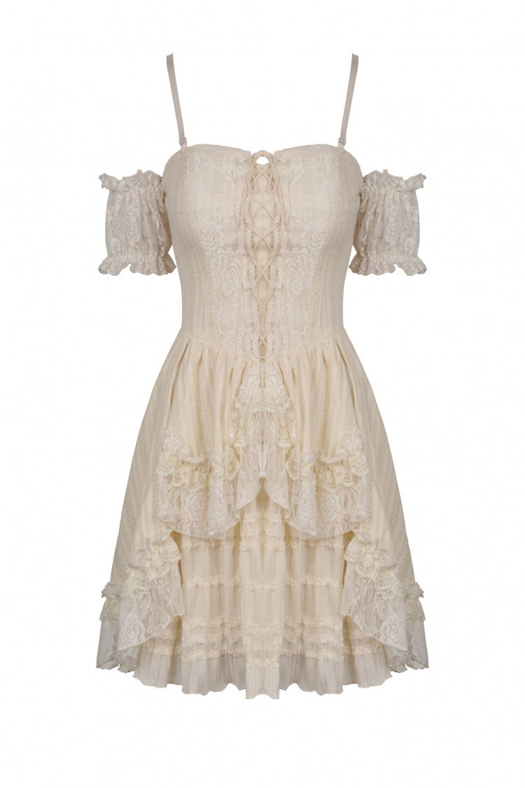 Apricot Short Sleeves Multi-Layered Ruffled Lace Women's Steampunk Slip Graduation Dress