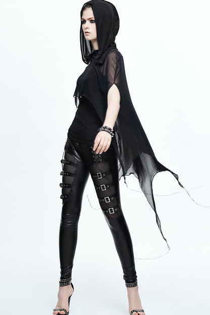 Black Mesh Wavy Sideline Long Women's Punk Hooded Bat Shawl