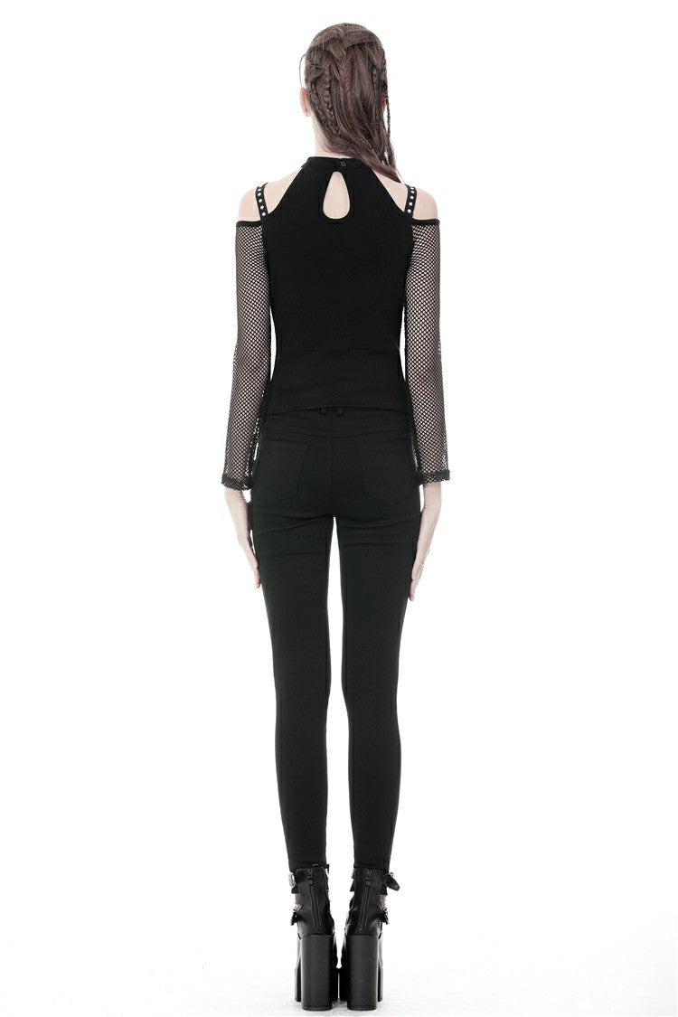 Black Off Shoulder Long Sleeves Lace-Up Mesh Women's Punk Top
