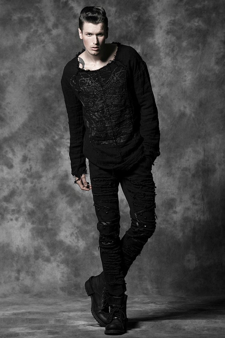 Black Distressed Metal Rivet Decoration Men's Gothic Pant