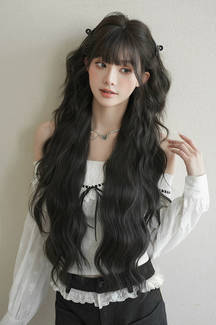 Black Brown Fluffy Natural Water Wave Curly Sweet Daily Lolita Long Wig