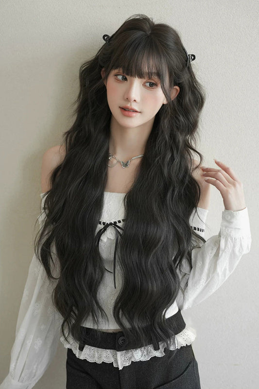 Black Brown Fluffy Natural Water Wave Curly Sweet Daily Lolita Long Wig