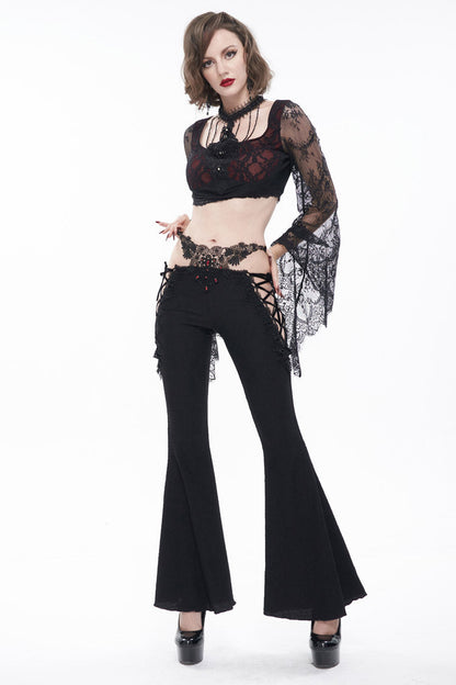 Black Low-Rise Lace Gem-Embellished Bilateral Lace-Up Cutout Flared Women's Gothic Pants
