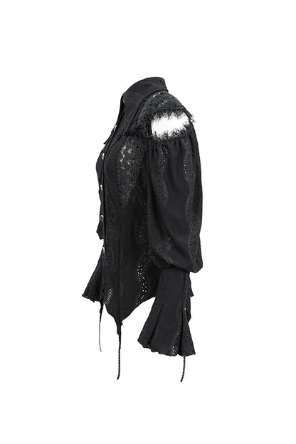 Black Front Chest Webbing Appliques Hollow-Out Lantern Sleeve Flare Cuff Back Waist Lace Up Women's Gothic Blouse