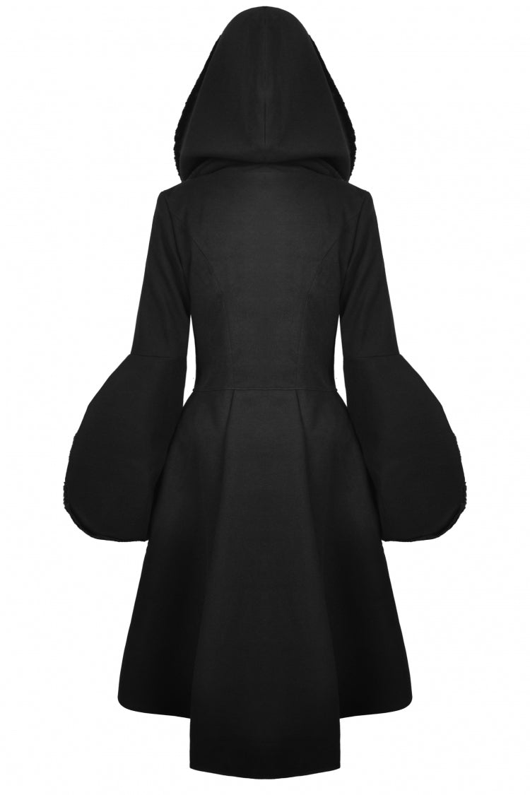 Black Lapel Collar Long Sleeves Women's Gothic High Low Woolen Dovetail Coat with Hood