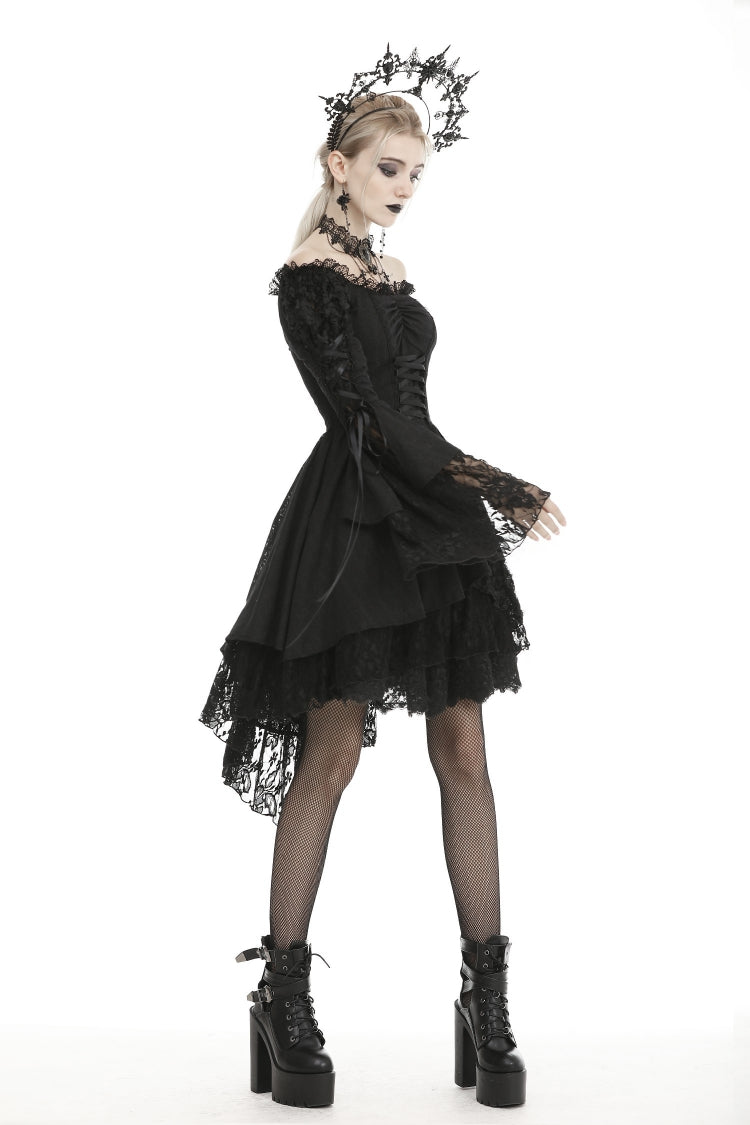 Black Off Shoulder Long Trumpet Puff Sleeves Lace-Up Strappy Mesh Women's Gothic Cocktail Dress