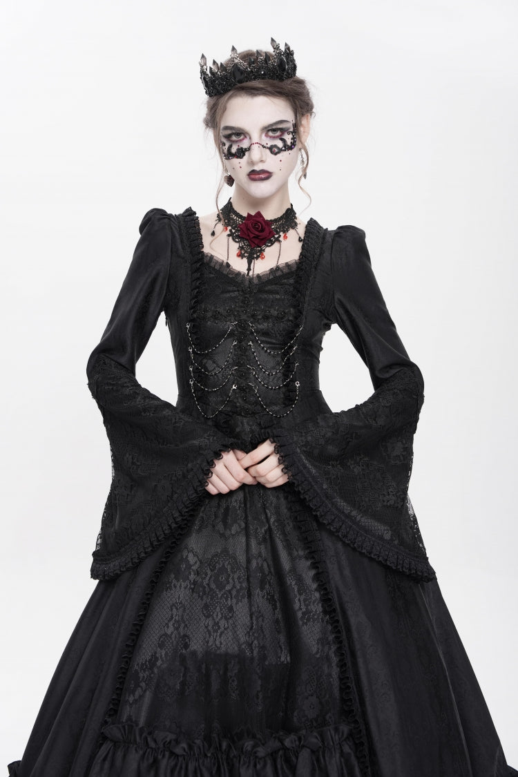 Black Long Sleeves Floral Embroidery Lace-Up Pleated Women's Gothic Dress