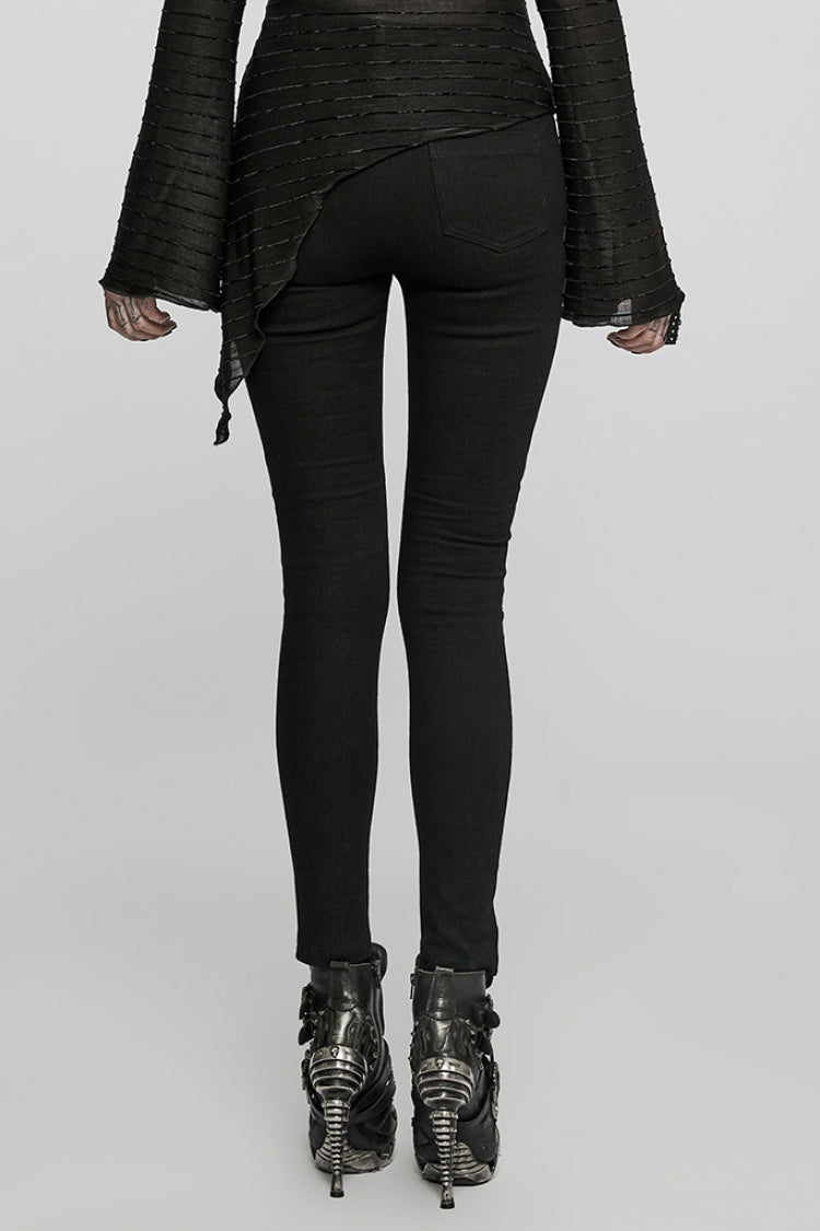 Black Faux Leather Stitching Lace-Up Slim Skinny Women's Punk Jeans Pants