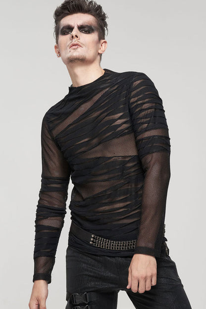 Black Gothic Bandage Design Net Yarn Perspective Men's Sweater