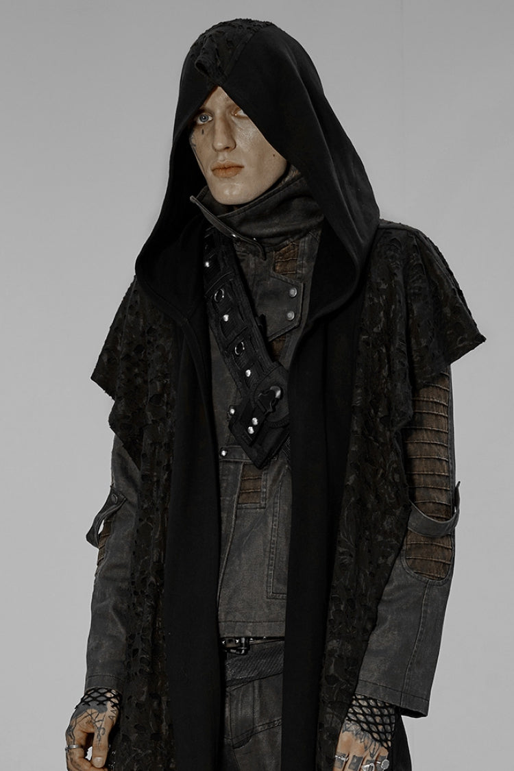 Black Irregular Hooded Ripped Men's Gothic Scarf