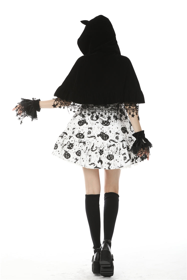 Black Lace-Up Women's Lolita Cat Ears Hooded Cape with Star Tassels