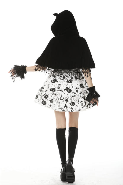Black Lace-Up Women's Lolita Cat Ears Hooded Cape with Star Tassels